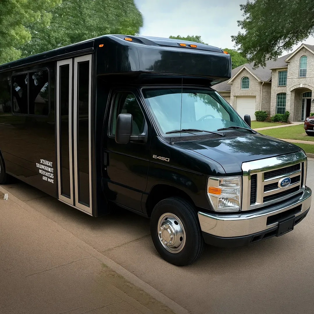 Black shuttle bus parked on a residential street