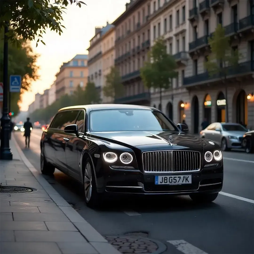 Black Rolls-Royce sedan parked on a city street at sunset, ready for an evening out